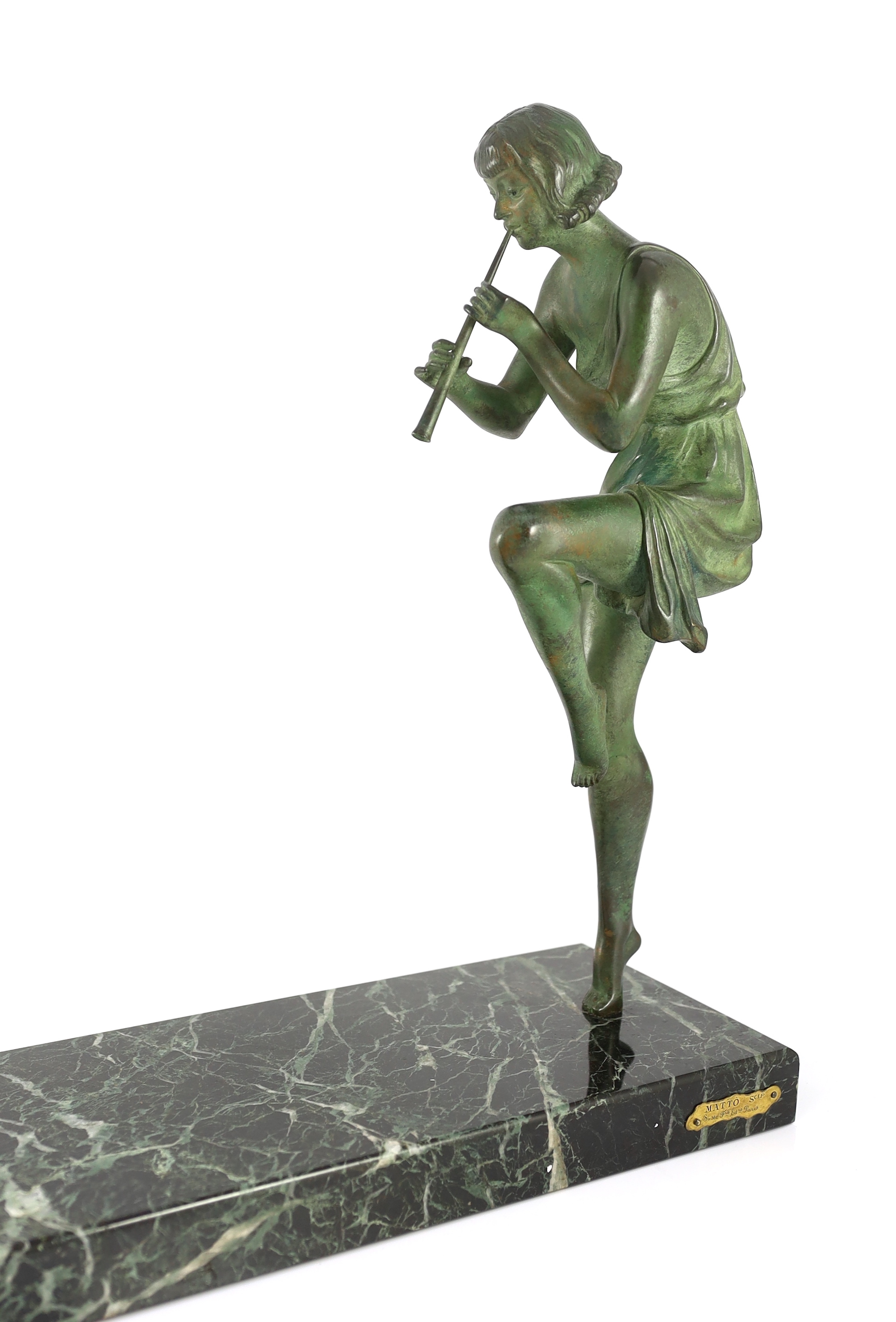 Philippe Matteau (Matto). An Art Deco bronze and marble group of three dancing pan pipers, 80cm wide, 15cm deep, 40cm high